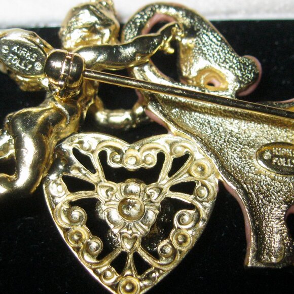 KIRKS FOLLY SIGNED 2 X'S NEW OLD STOCK PINK ELEPHANT W/FAIRY & HEART BROOCH - Picture 4 of 7
